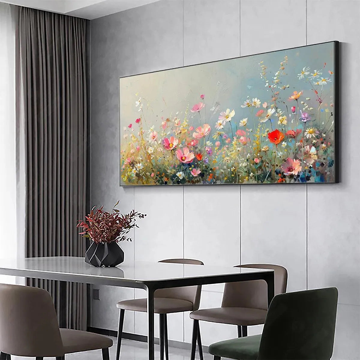 WILD MEADOW: Panoramic Floral Landscape Painting in Pink and White - Image 6