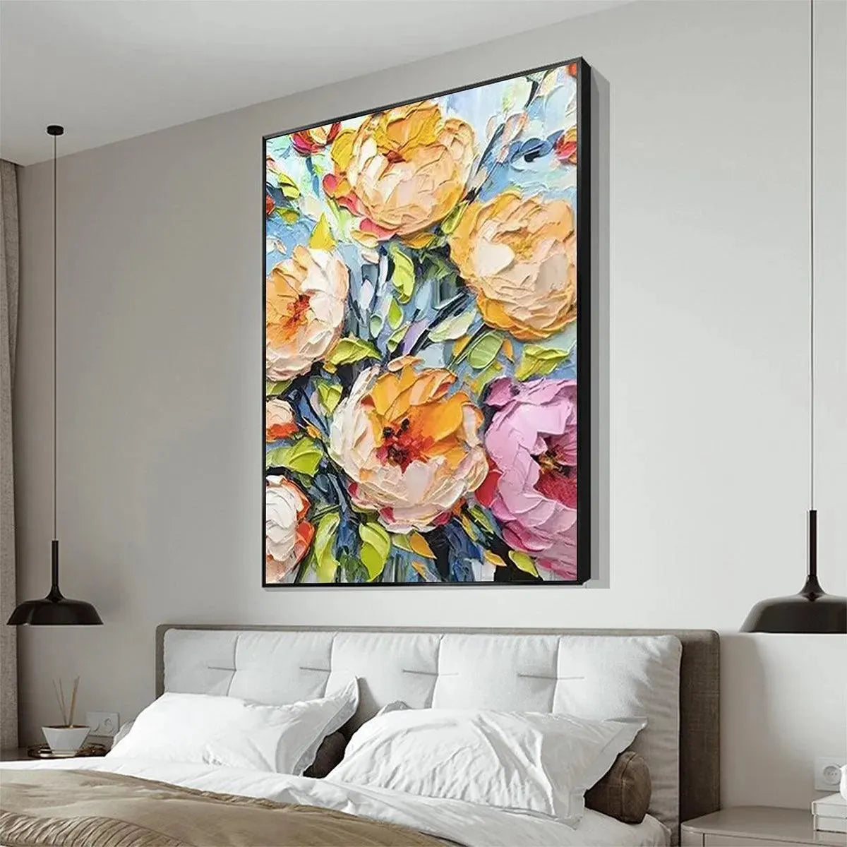 SUMMER BLOOM: Textured Impasto Floral Painting in Yellow and Pink for Living Room - Image 5