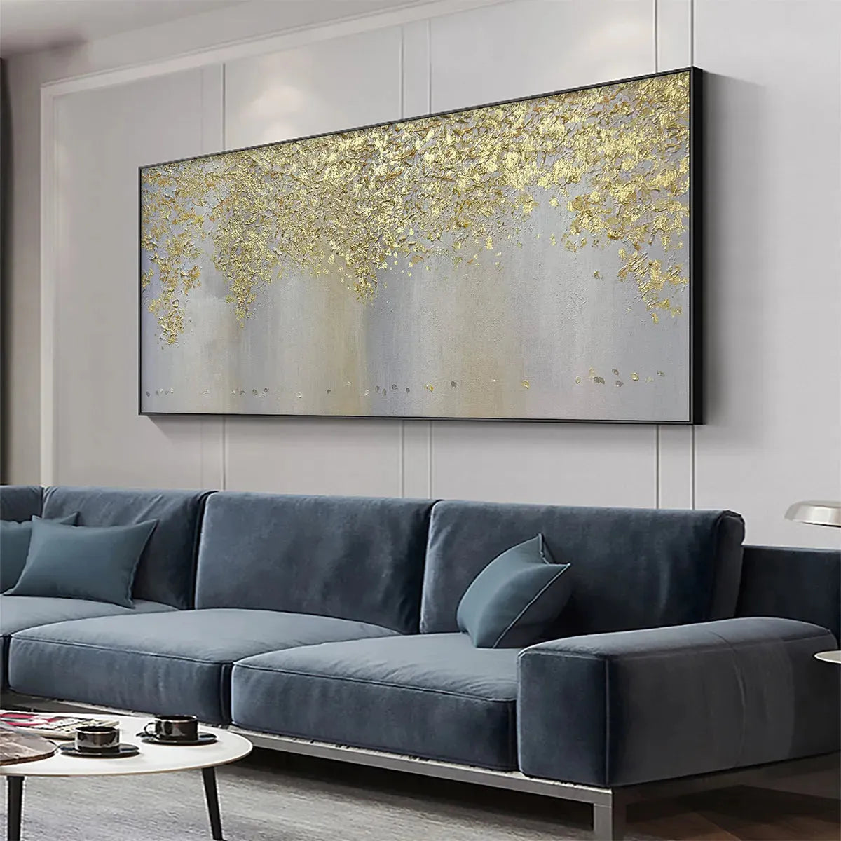 GOLDEN DRIZZLE: Gold Leaf Abstract Painting, Grey and Gold Wall Art, Horizontal Canvas, Modern Decor - Image 4