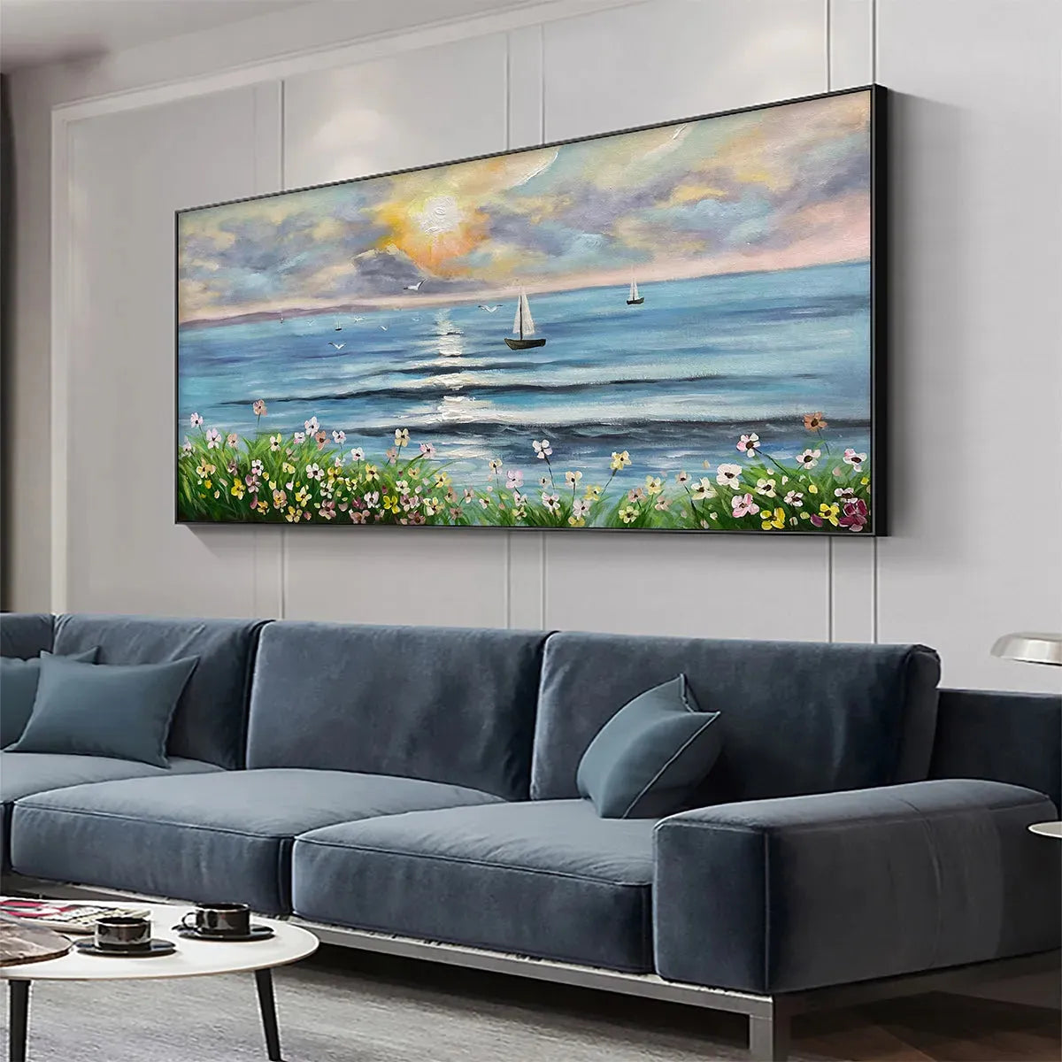 SUNSET SAIL: Coastal Sunset Painting, Sailboat and Wildflowers, Horizontal Canvas, Ocean Decor - Image 5