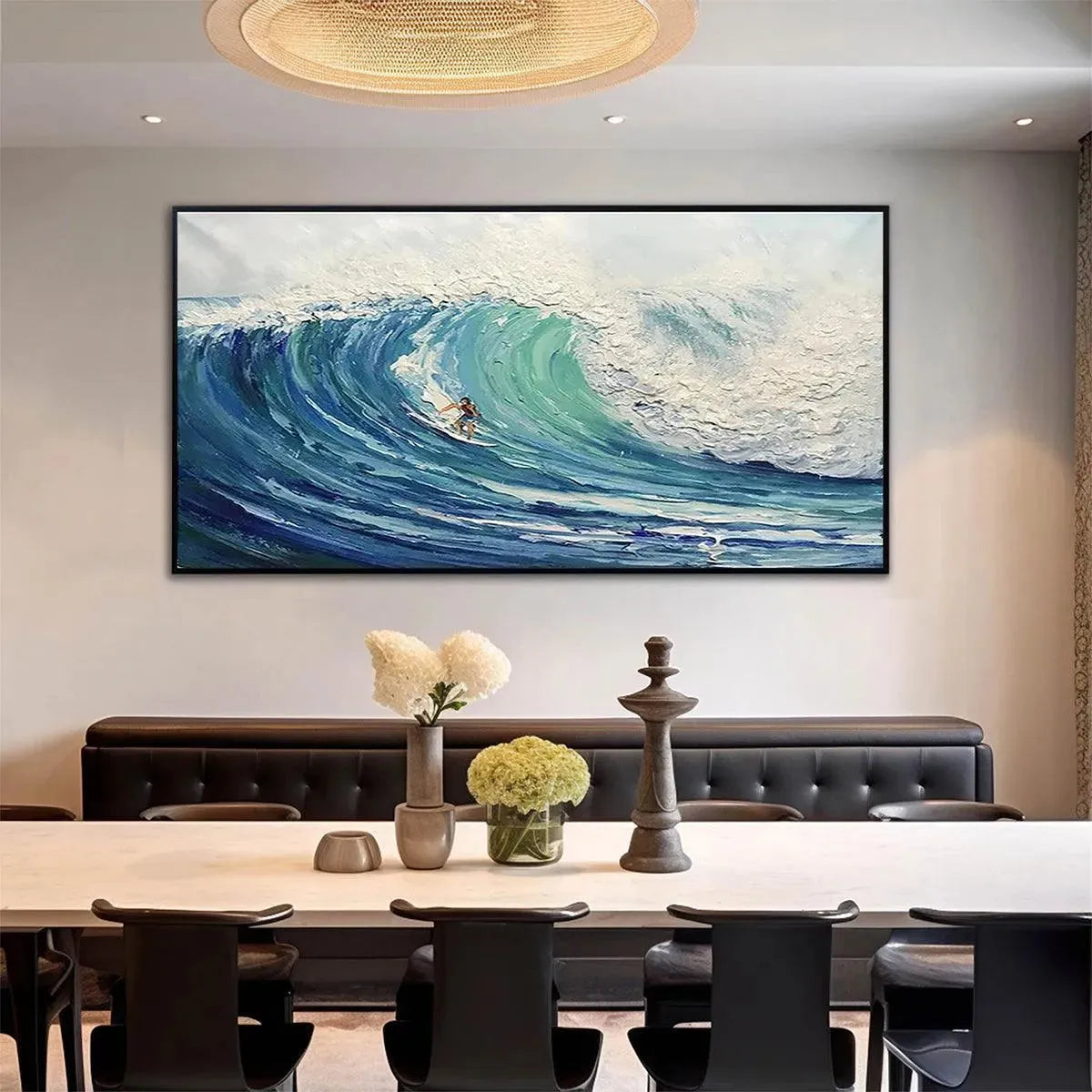EMERALD SURGE: Textured Blue Ocean Wave Painting with Surfer - Image 2