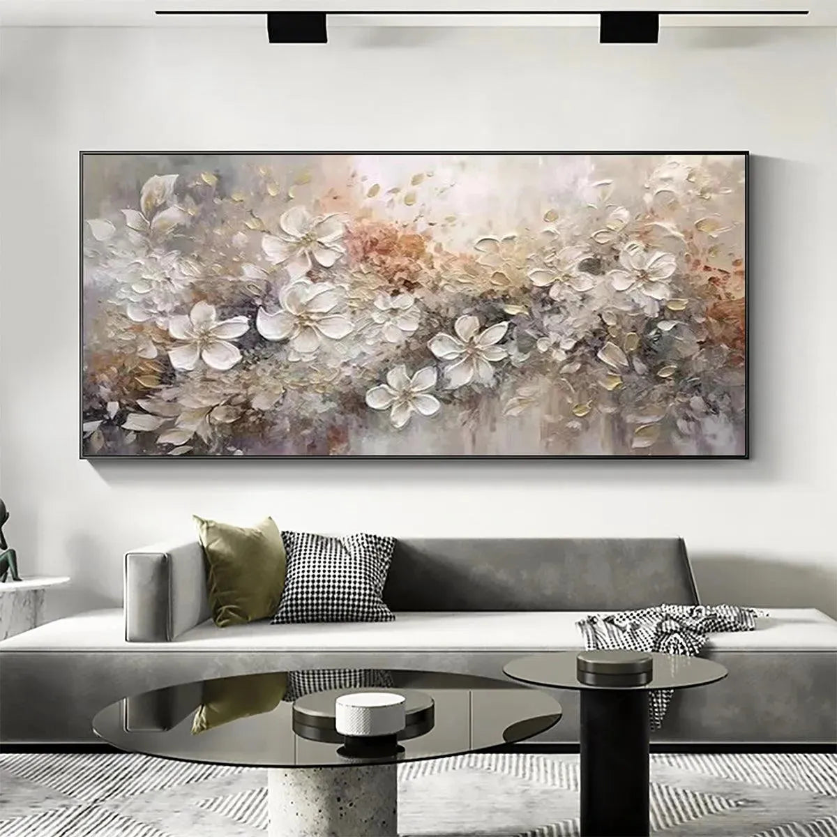 WHISPERING BLOSSOMS: Textured Beige and White Floral Impasto Painting - Image 2