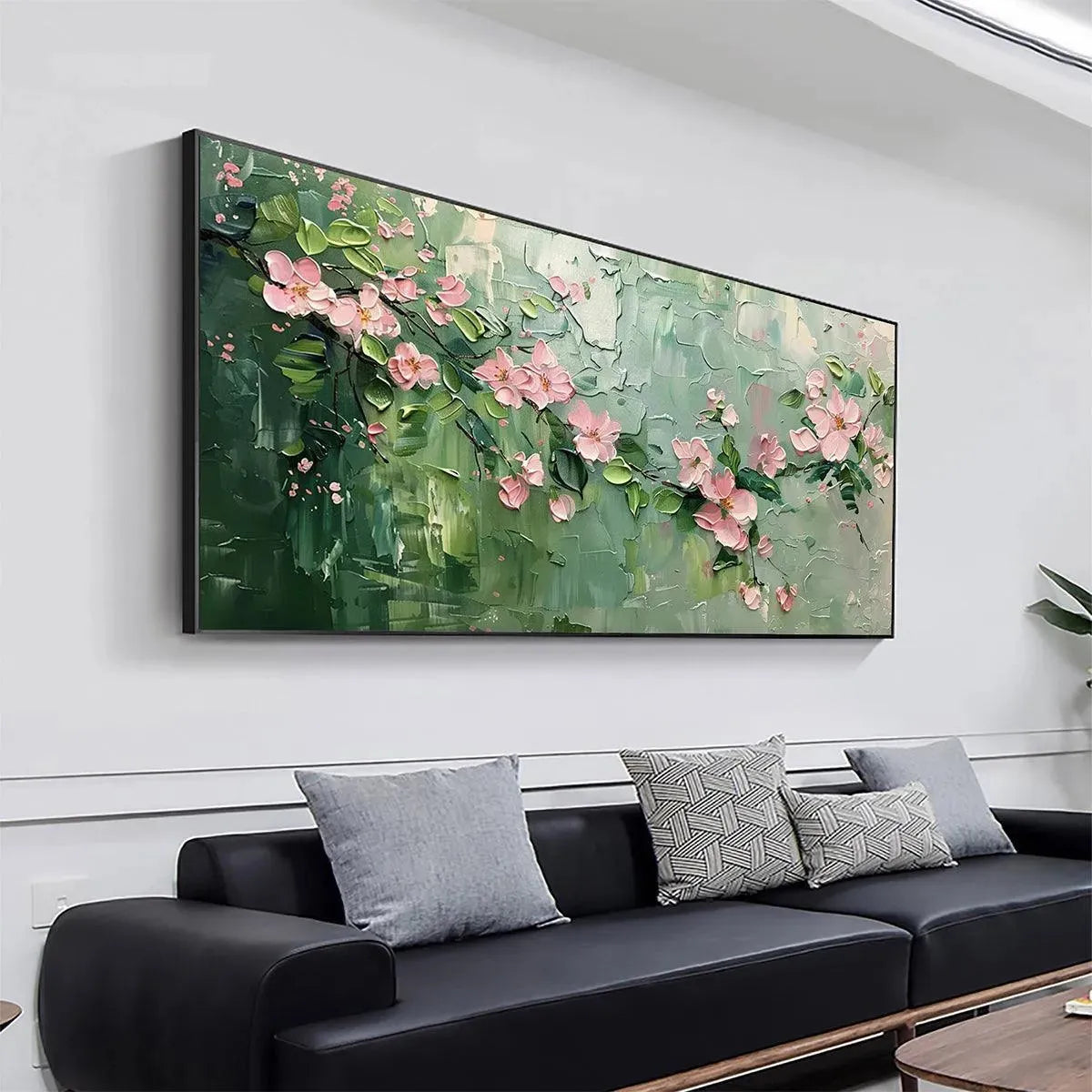 SPRING BLOSSOM: Textured Pink Floral Painting on Green Background - Image 4
