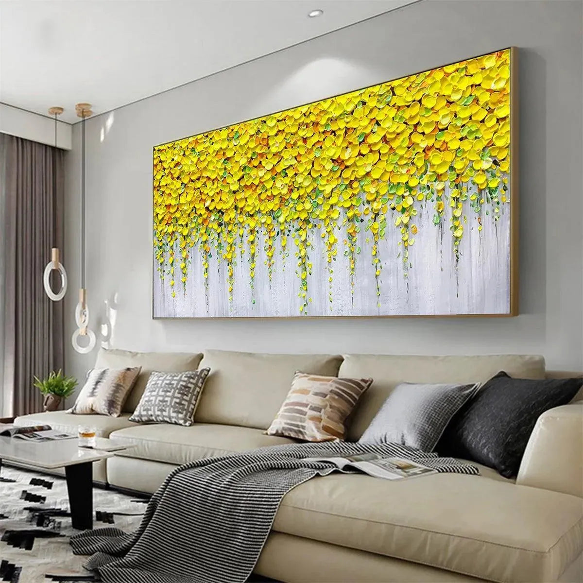 GOLDEN CASCADE: Textured Yellow Floral Painting on Grey Background - Image 4