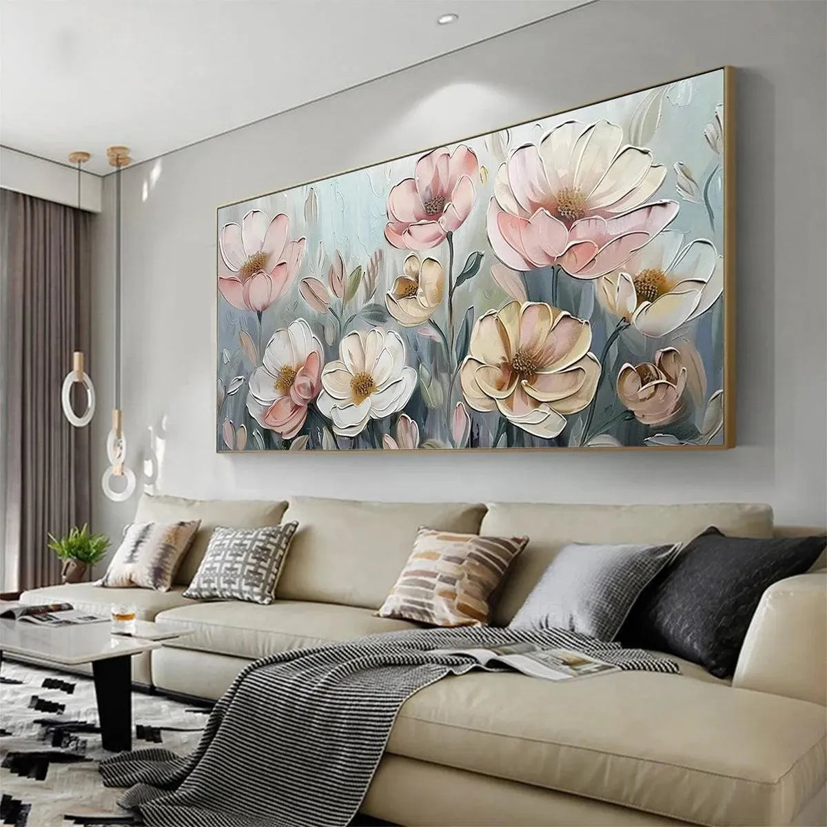 SOFT BLOSSOMS: Textured Impasto Floral Painting in Soft Pink and White - Image 4