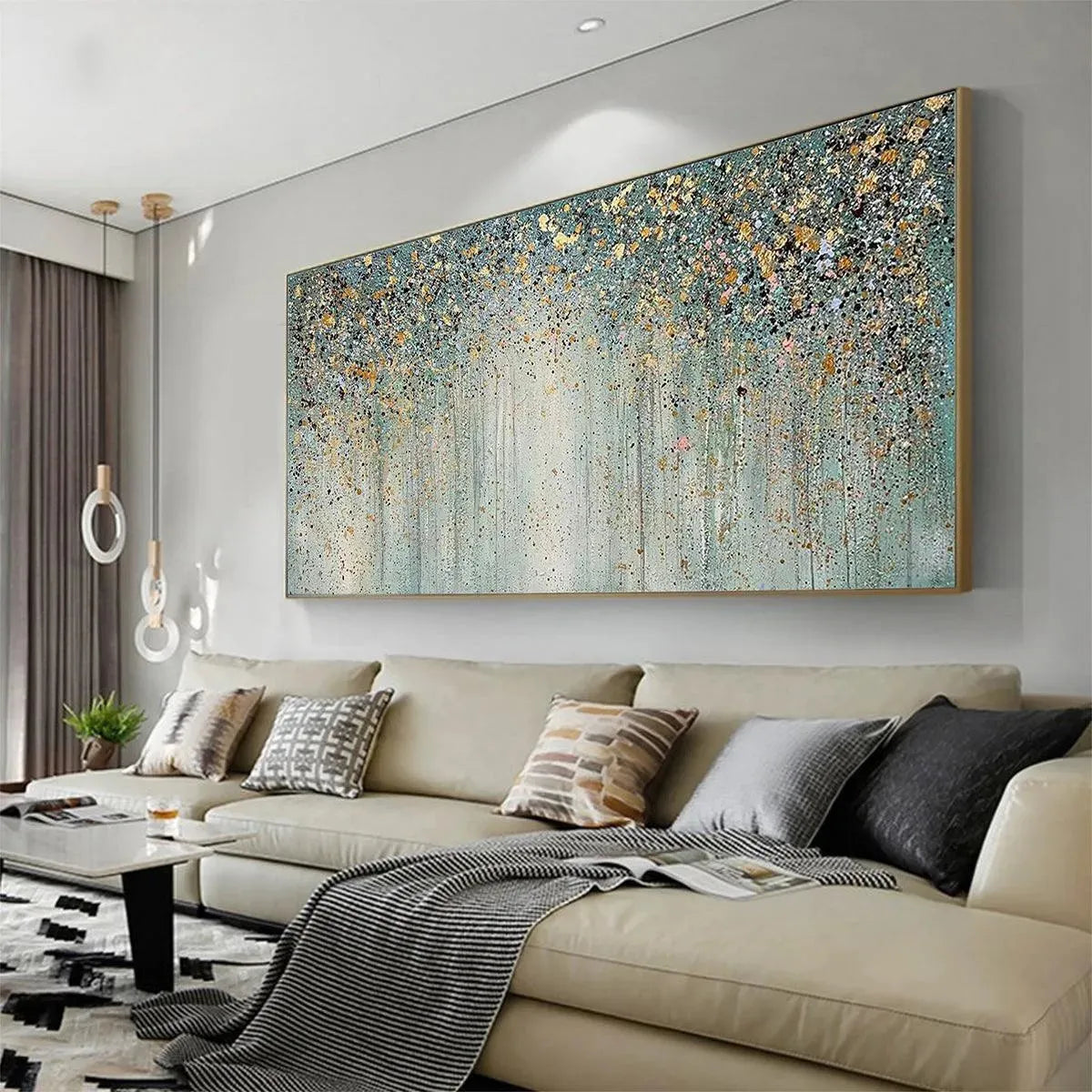 GOLDEN RAIN: Textured Abstract Landscape Painting in Green and Gold - Image 4