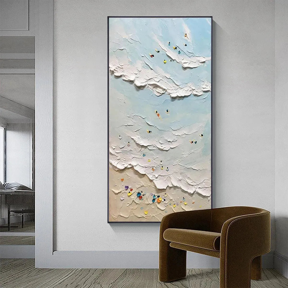 SUMMER BEACH: Textured Beach Scene Painting with Surfers and Swimmers - Image 4