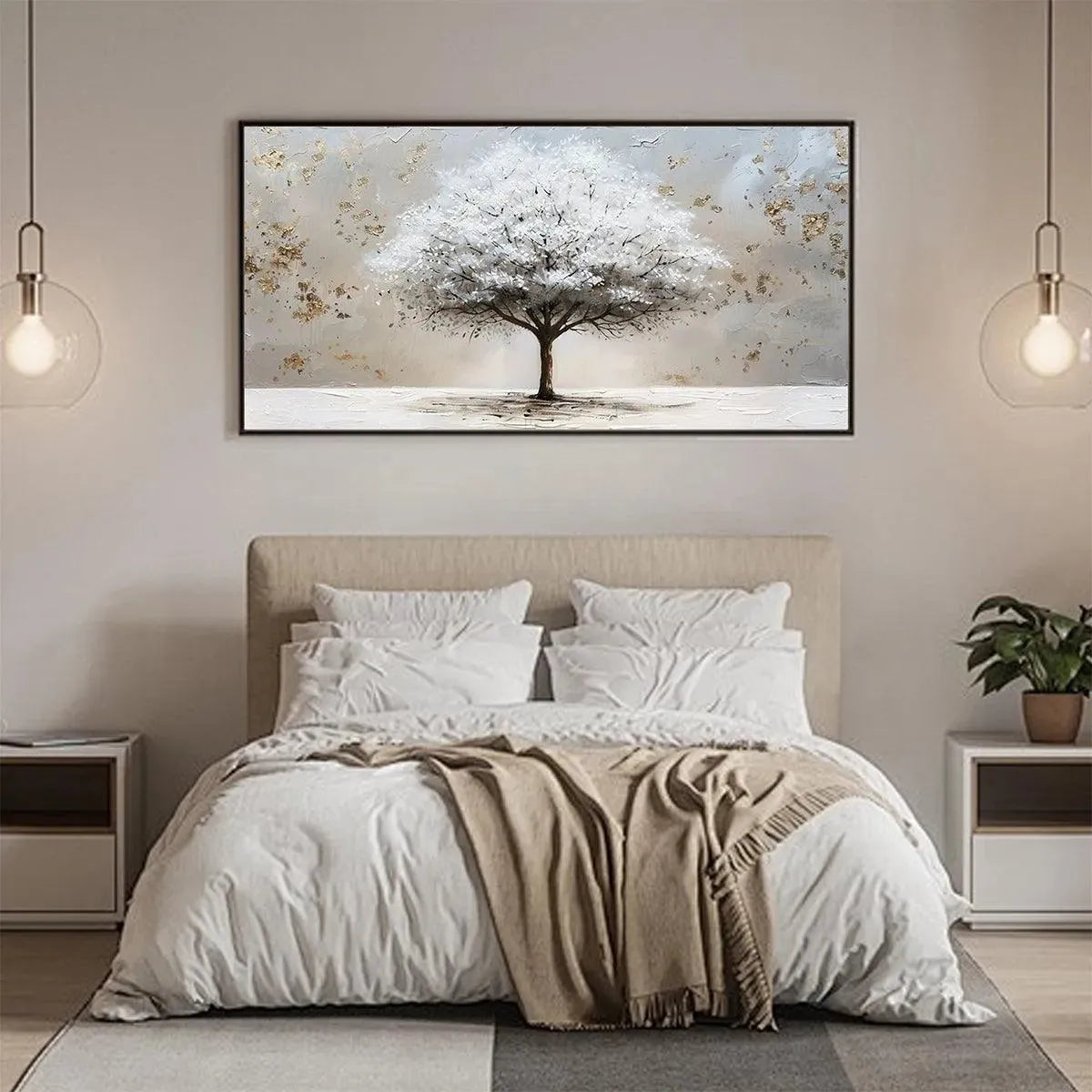 WINTER'S GRACE: Textured White Tree Painting with Gold Accents on Beige - Image 4