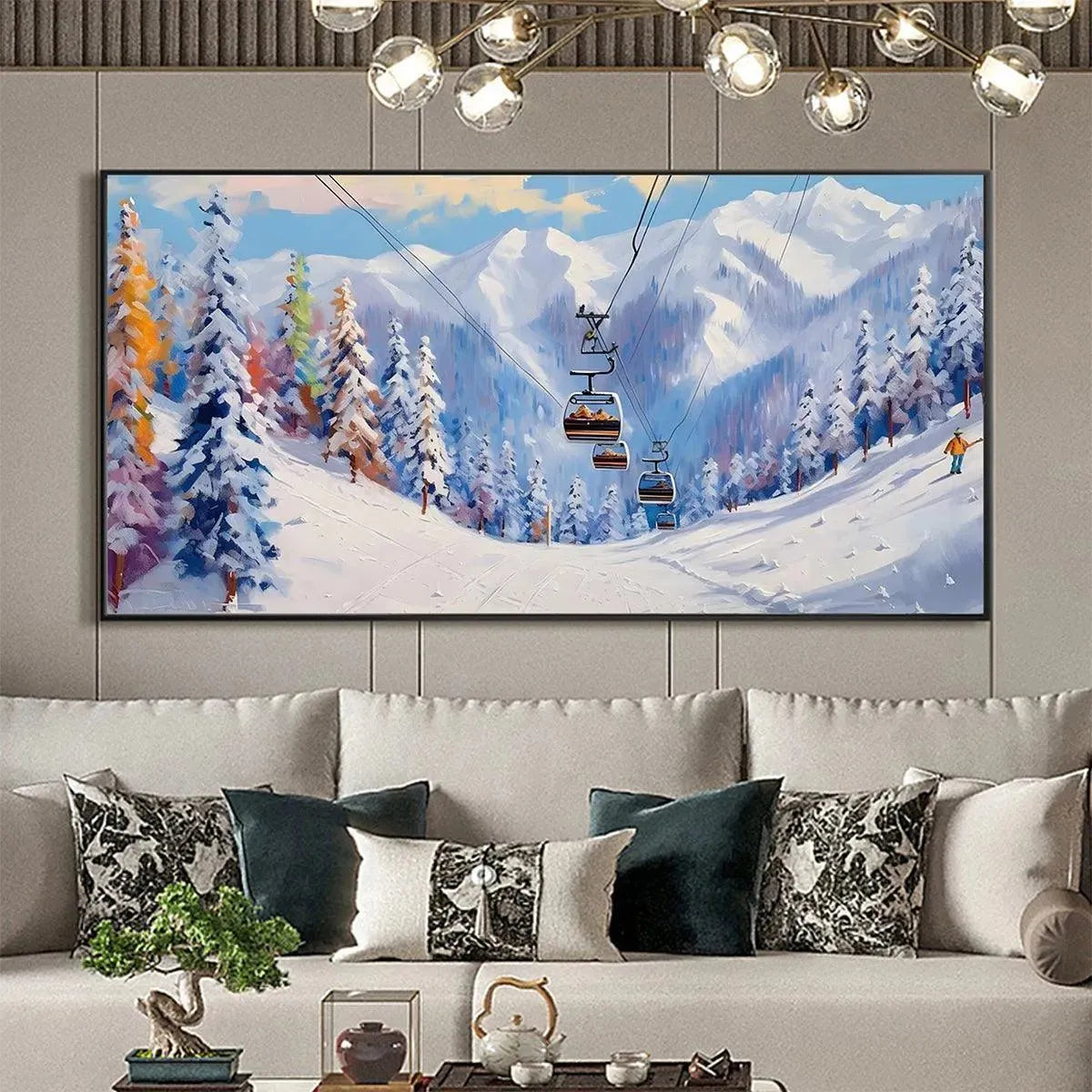 SNOWY SLOPES: Panoramic Ski Resort Landscape Painting - Image 2