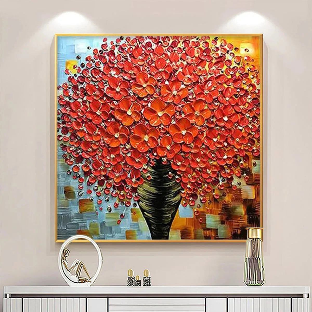 CRIMSON BOUQUET: Textured Impasto Floral Painting in Red - Image 2
