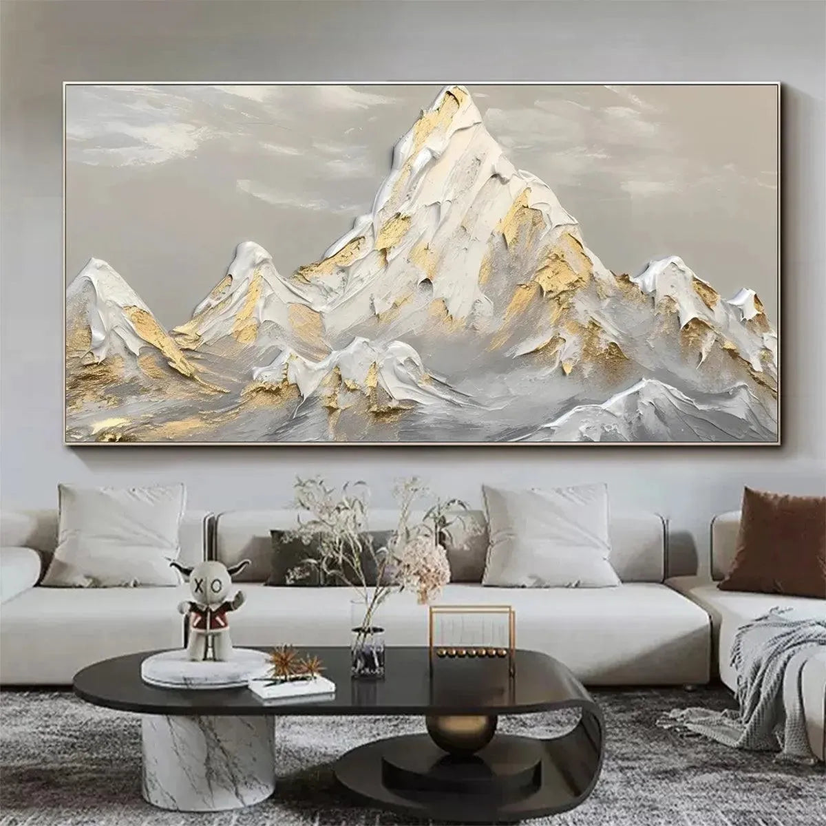 GOLDEN PEAKS: Textured Mountain Landscape Painting in Gold and Grey - Image 4