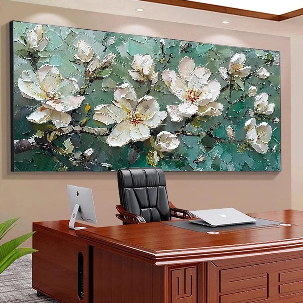 JADE MAGNOLIAS: White Magnolia Impasto Painting for Living Room - Image 7
