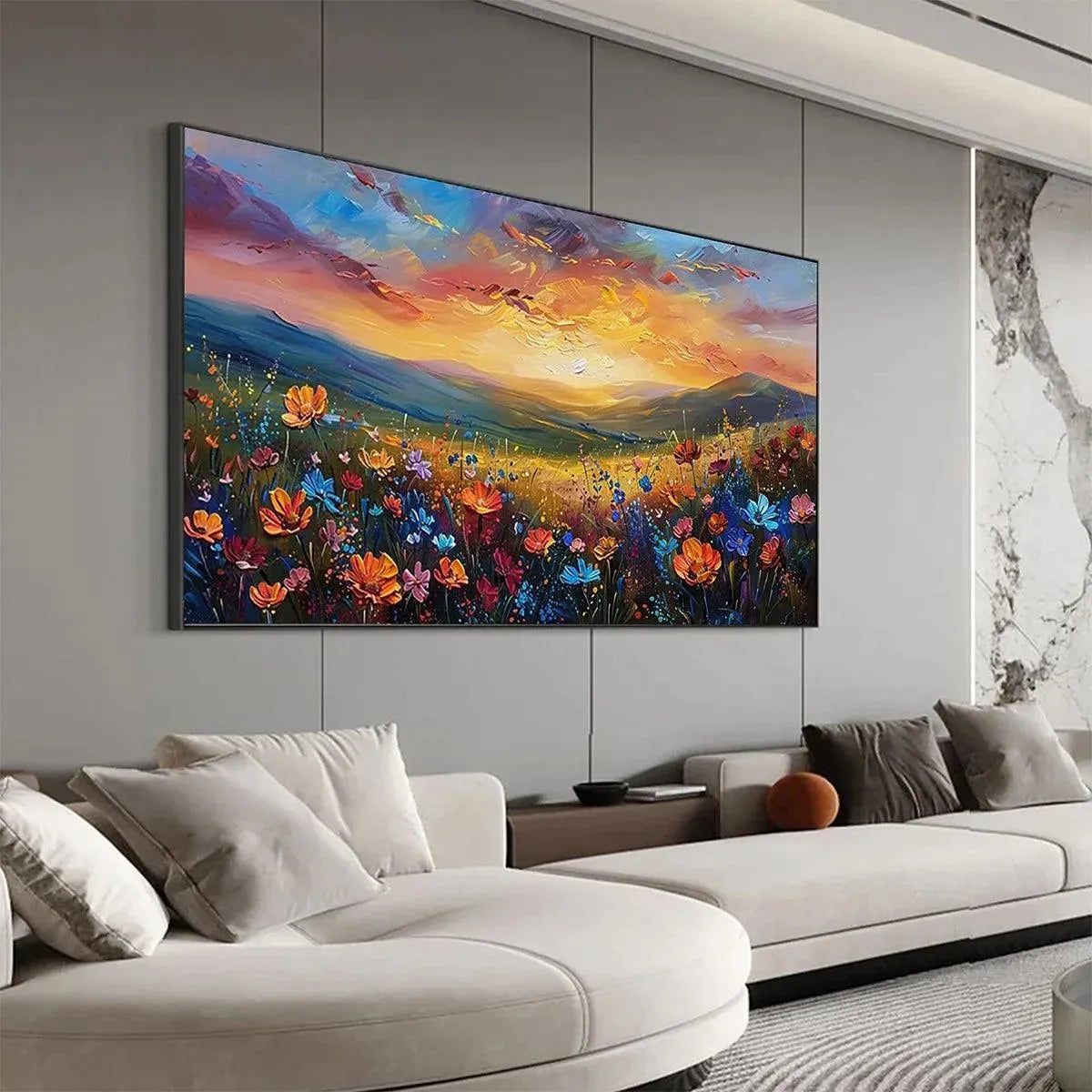 SUNSET SERENADE: Textured Floral Landscape Painting, Impasto Wall Art, Horizontal Canvas, Sunset Decor - Image 8