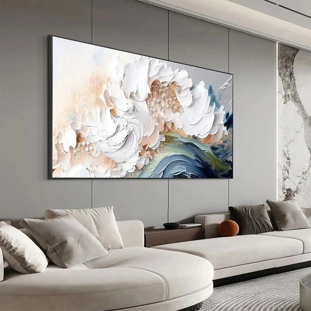 OCEAN WHISPERS: Textured Abstract Seascape Painting, White and Blue Wall Art, Panoramic Canvas, Coastal Decor - Image 7