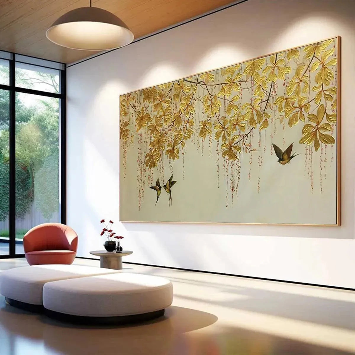 GOLDEN GARDEN: Panoramic Golden Leaf and Bird Painting | Asian Art - Image 7