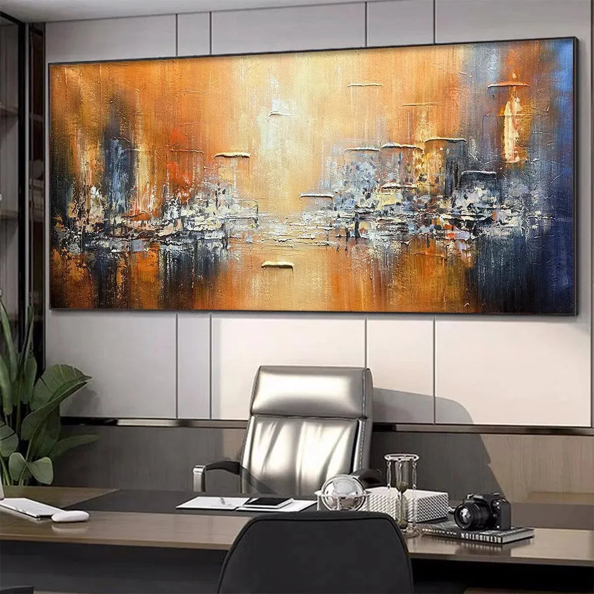 GOLDEN CITY: Textured Abstract Cityscape Painting in Orange and Blue - Image 4
