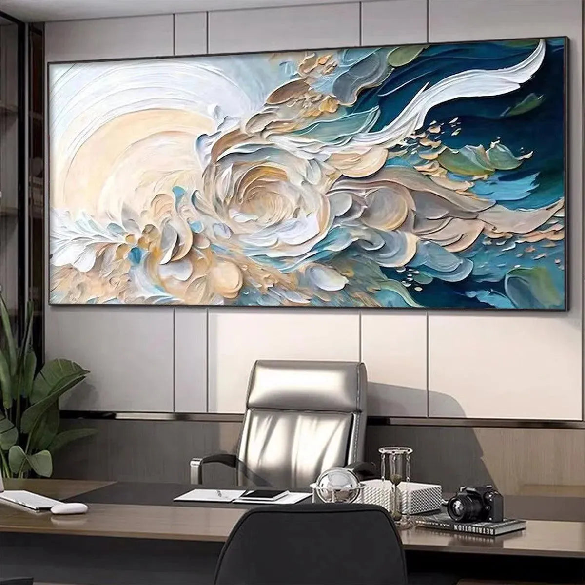 OCEANIC BLOOM: Textured Abstract Floral Painting in Blue and Beige - Image 4