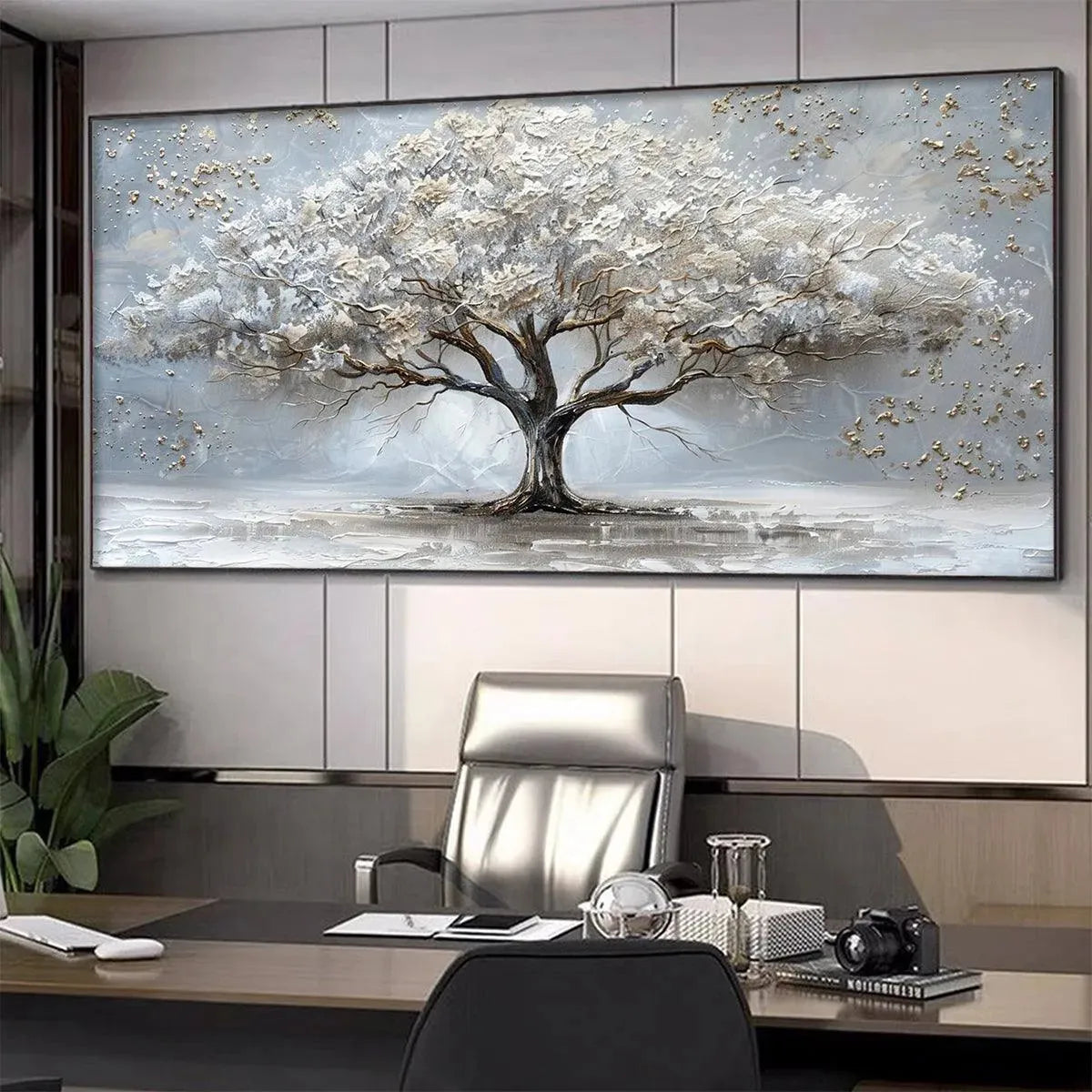 SILVER LINING: Textured White and Gold Tree Painting on Grey Background - Image 6