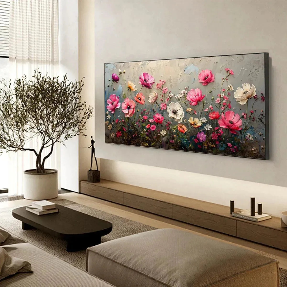 SUMMER BLOOM: Textured Pink and White Floral Painting on Grey Background - Image 5