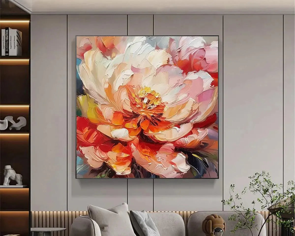 BLOOMING PEONY: Textured Impasto Peony Painting in Pink and Orange - Image 4