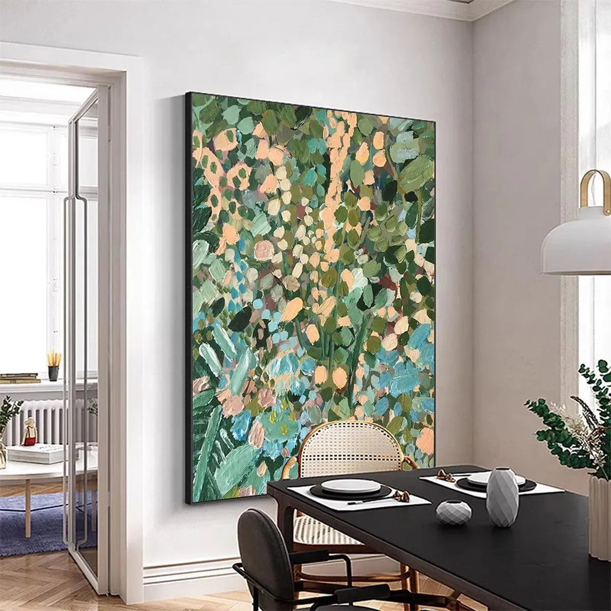 ENCHANTED GARDEN: Vertical Abstract Floral Painting in Green, Blue, and Peach - Image 4