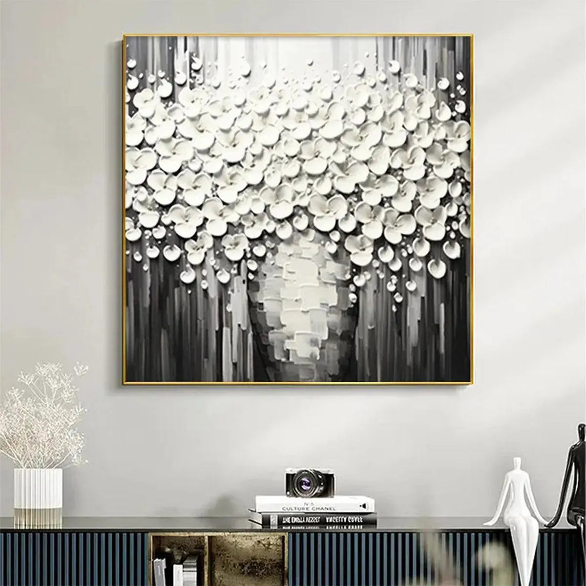 WHITE BOUQUET: Textured White Floral Painting on Grey Background - Image 4