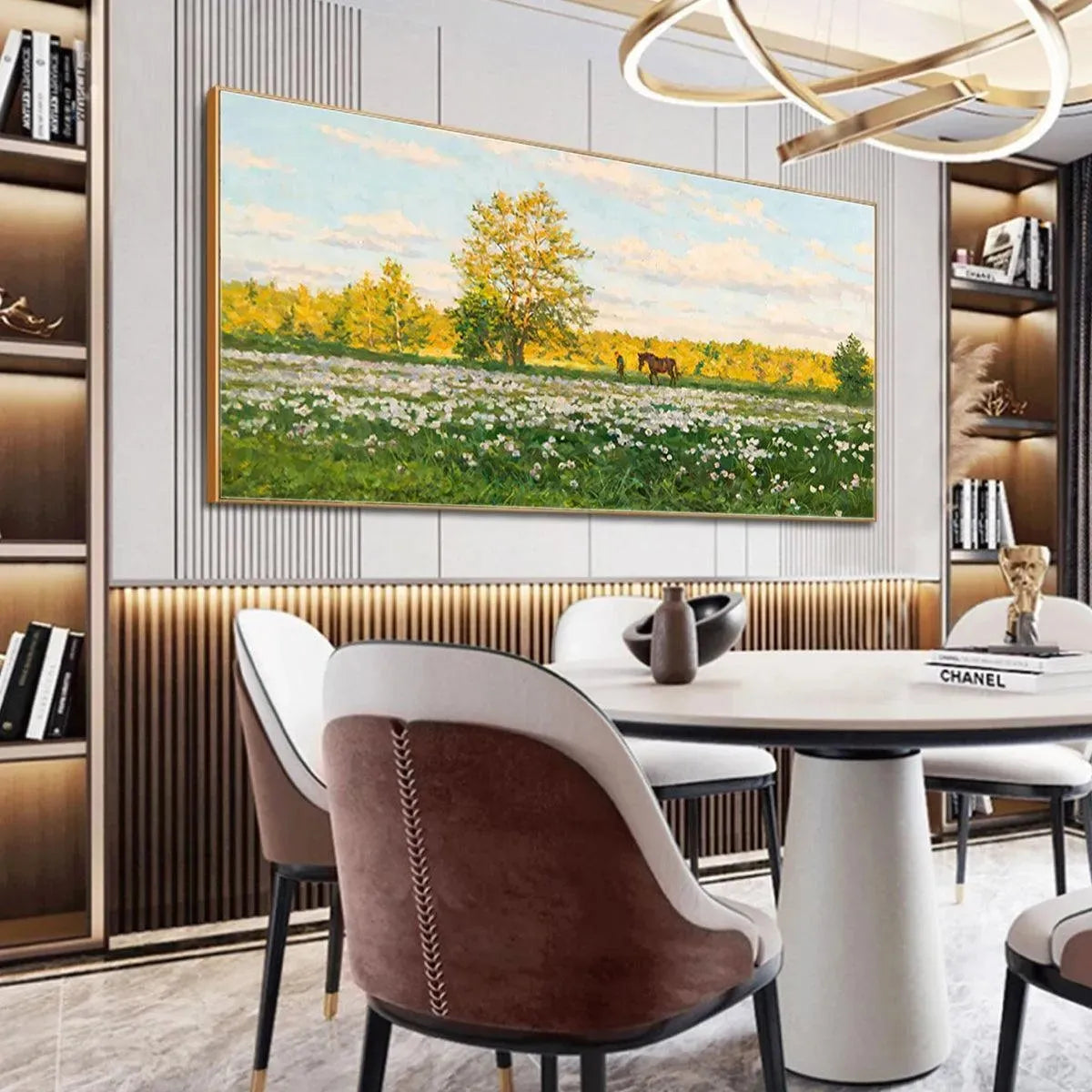 SUNLIT MEADOW: Tranquil Landscape Painting with Horse and Figure - Image 6