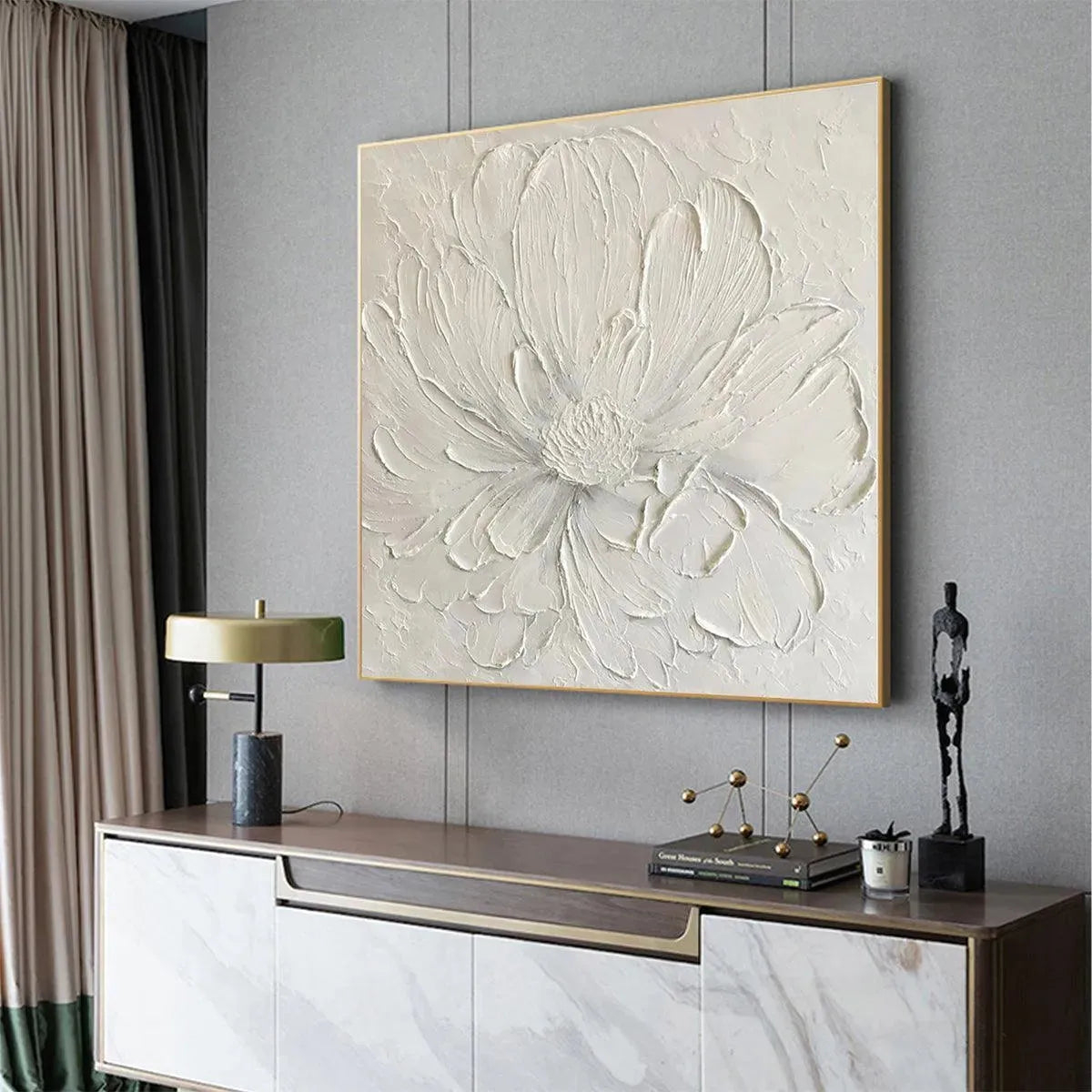 WHITE PEONY: Textured Minimalist Floral Painting in White - Image 4