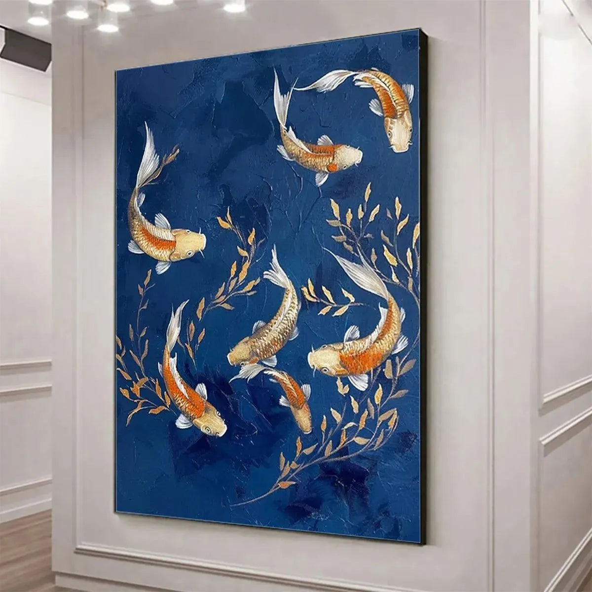 GOLDEN KOI: Vertical Koi Fish Painting on Blue Background - Image 6