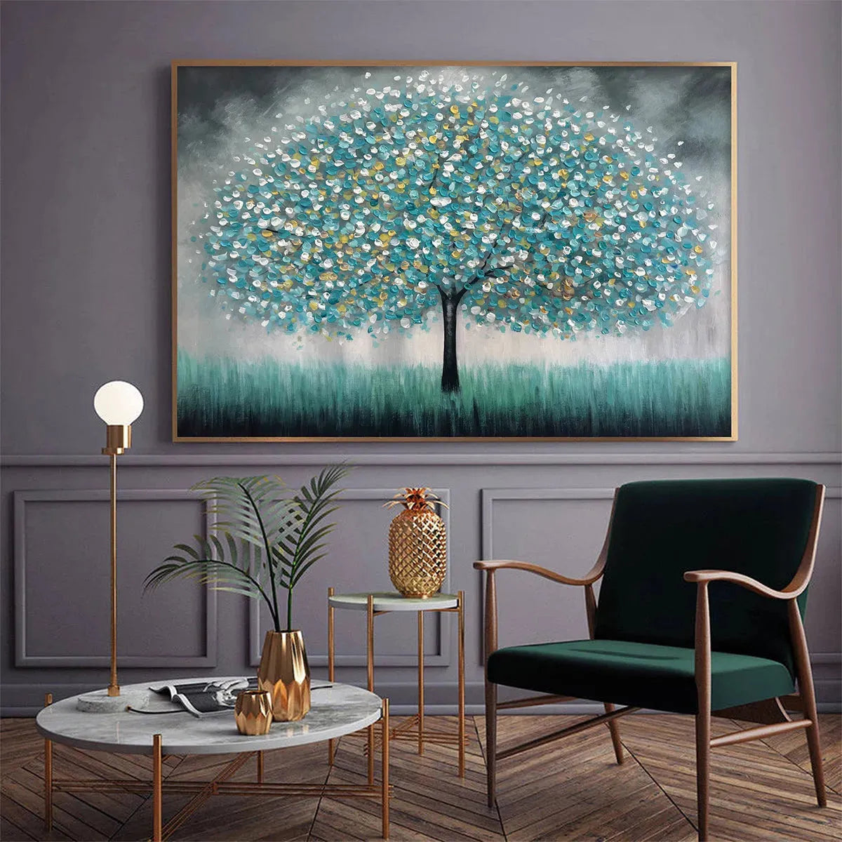 TEAL DREAM: Textured Tree Painting in Teal and Grey, Horizontal Canvas, Modern Wall Art - Image 7
