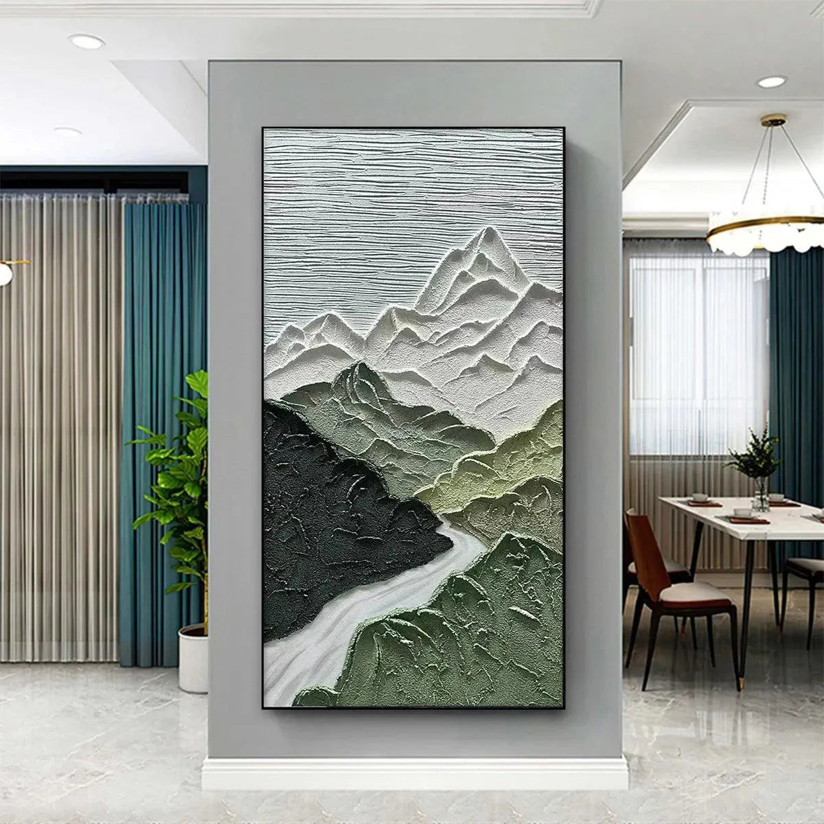 JADE PEAK: Textured Green and White Mountain Landscape Painting - Image 2