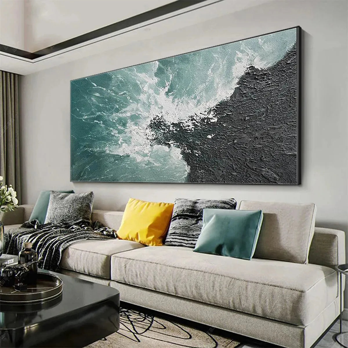 TURQUOISE CRASH: Textured Abstract Seascape Painting in Teal and Black - Image 4