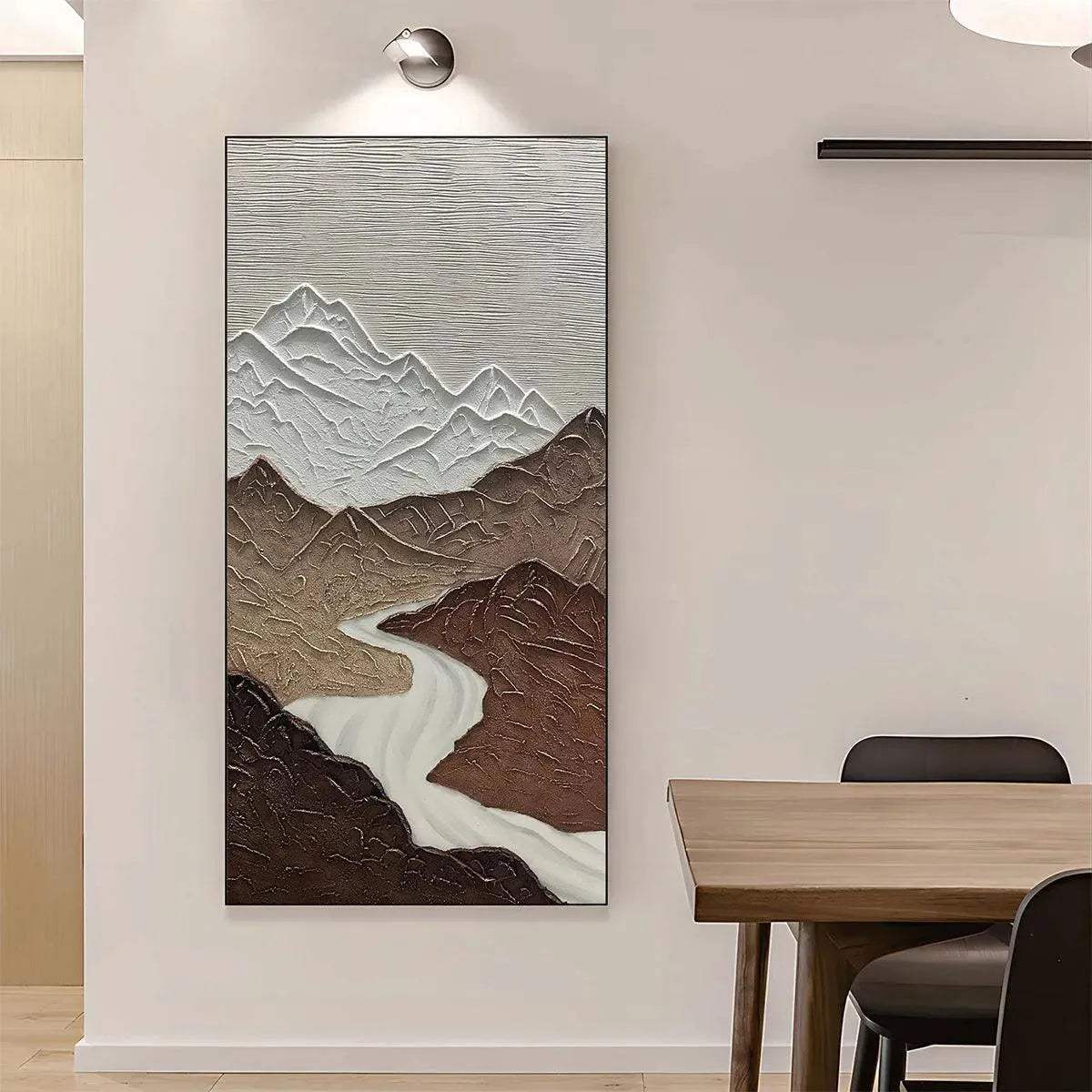EARTH RIVER: Textured Brown and White Mountain River Landscape Painting - Image 2