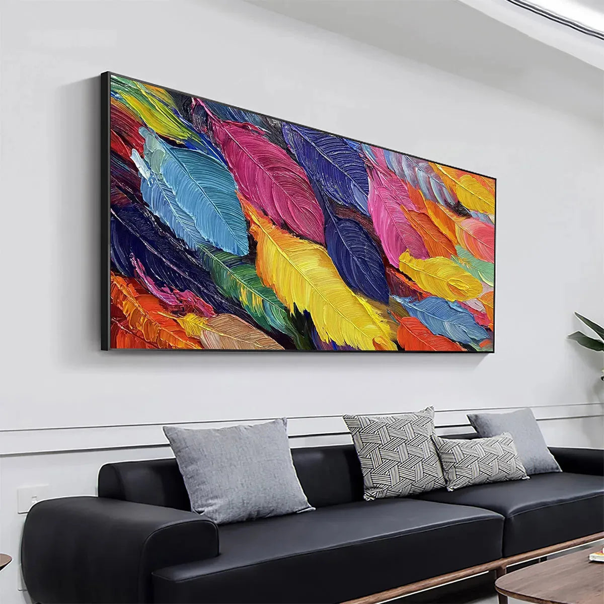 FEATHER DANCE: Horizontal Abstract Painting with Colorful Feathers, Textured Impasto, Modern Wall Art - Image 5