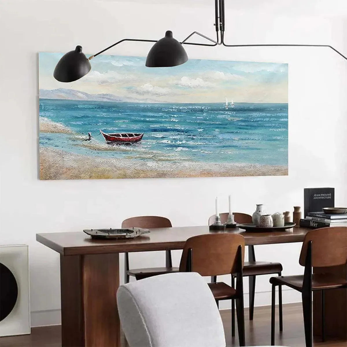 RED BOAT AT THE SHORE: Tranquil Coastal Landscape Painting - Image 6