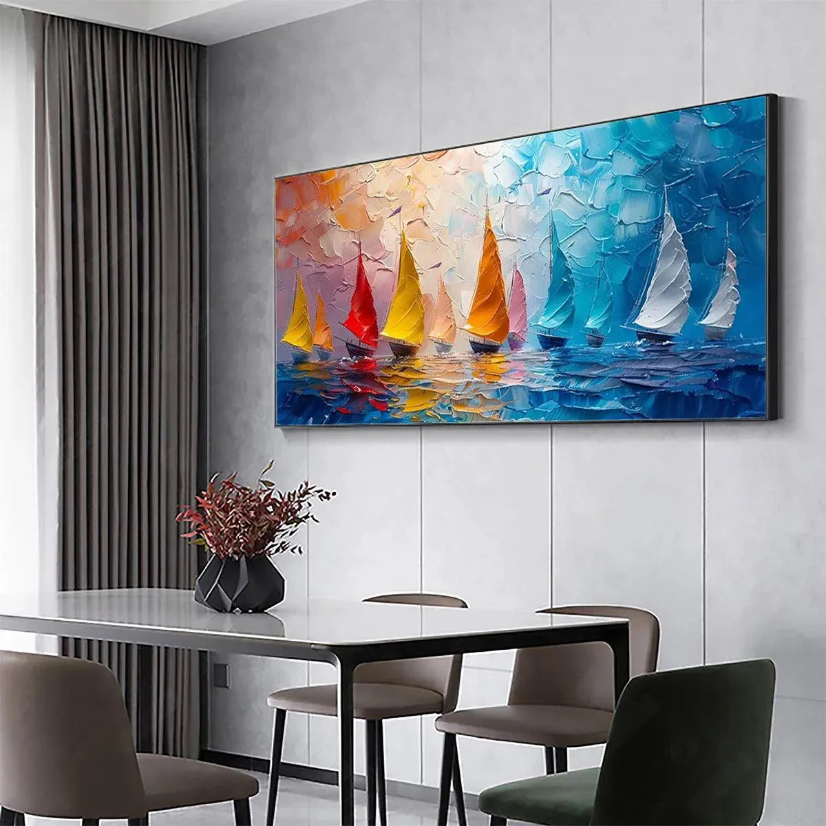 REGATTA: Textured Sailboat Painting, Impasto Wall Art, Panoramic Canvas, Coastal Decor - Image 7
