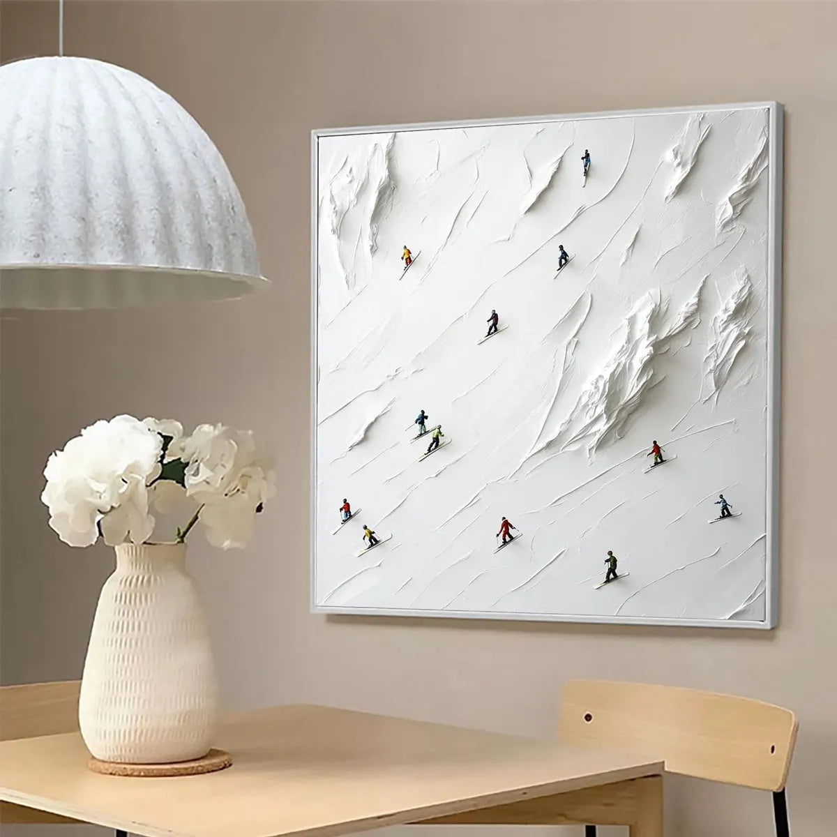 WHITE RUSH: Minimalist Skiing Painting on Textured Square Canvas - Image 4