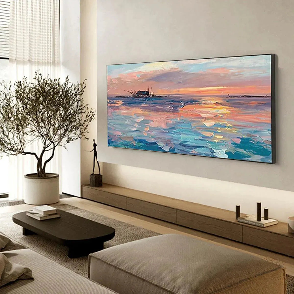 DUSK REFLECTIONS: Panoramic Coastal Sunset Painting, Minimalist Wall Art - Image 6