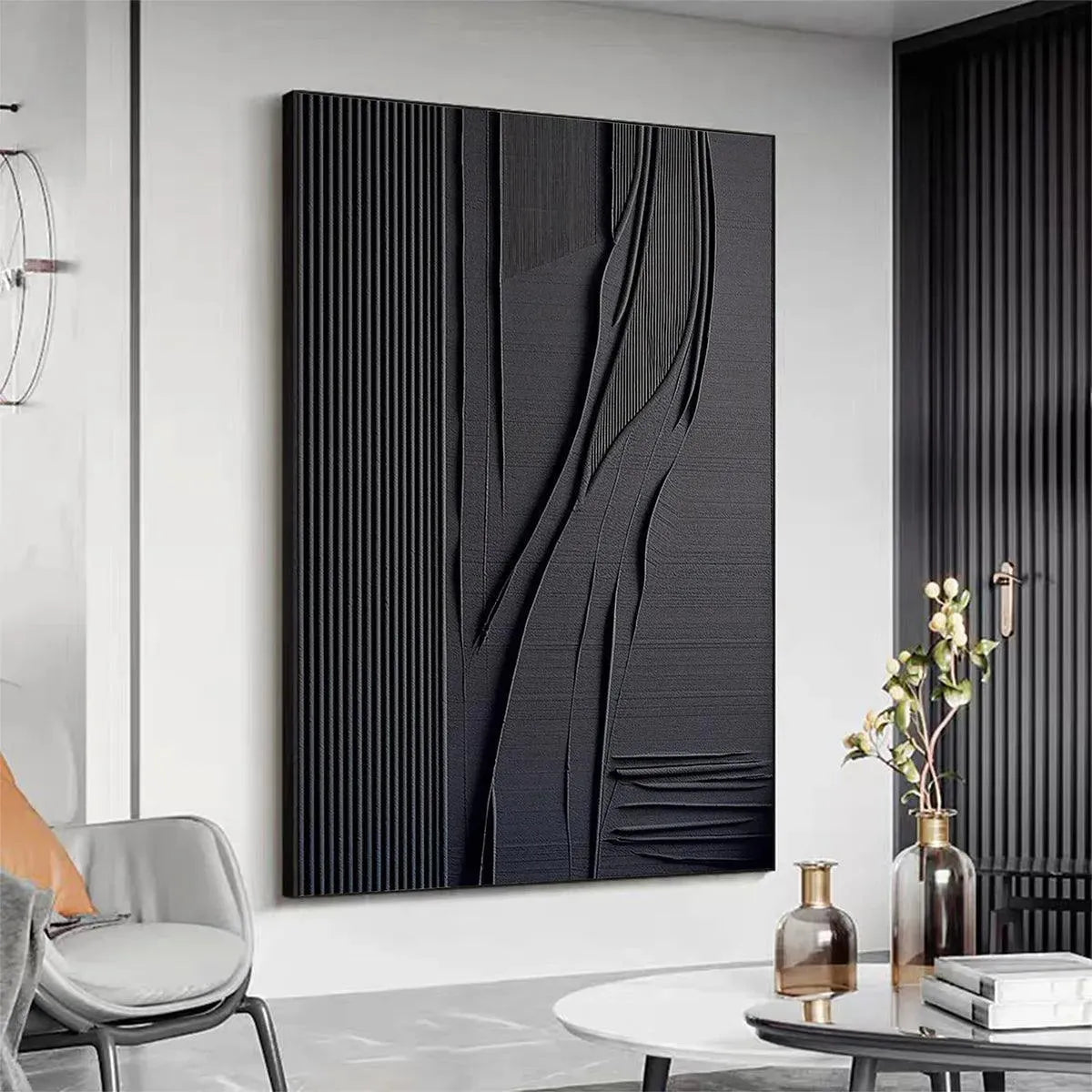 BLACK TEXTURED LINES AND CURVES: Minimalist Textured Abstract Painting - Image 3