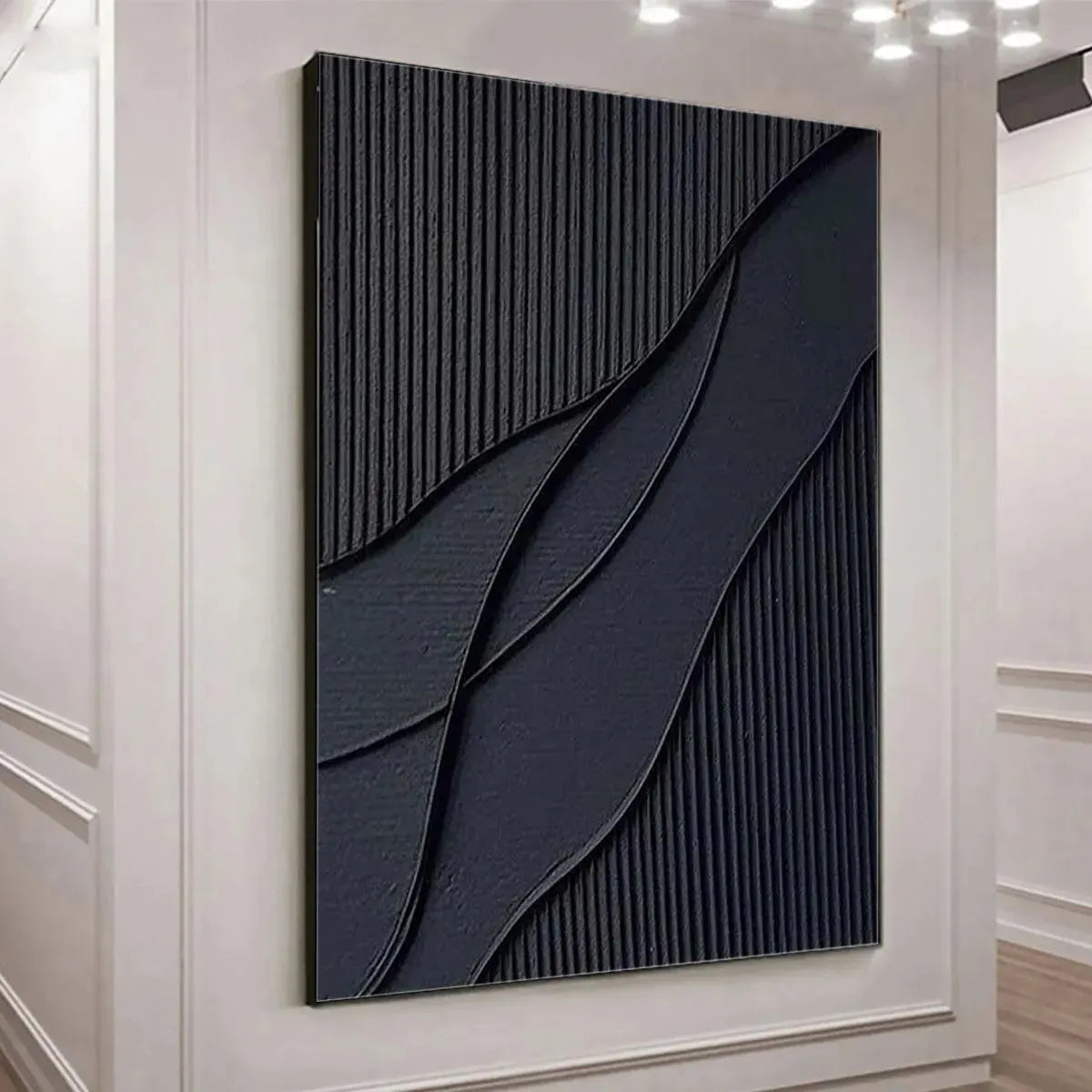 BLACK TEXTURED WAVES: Minimalist Textured Abstract Painting - Image 3
