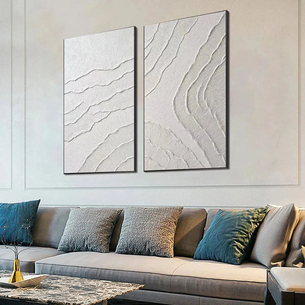 WHITE TEXTURED LINES DIPTYCH: Textured Abstract Painting Set of 2, Vertical Wall Art - Image 8