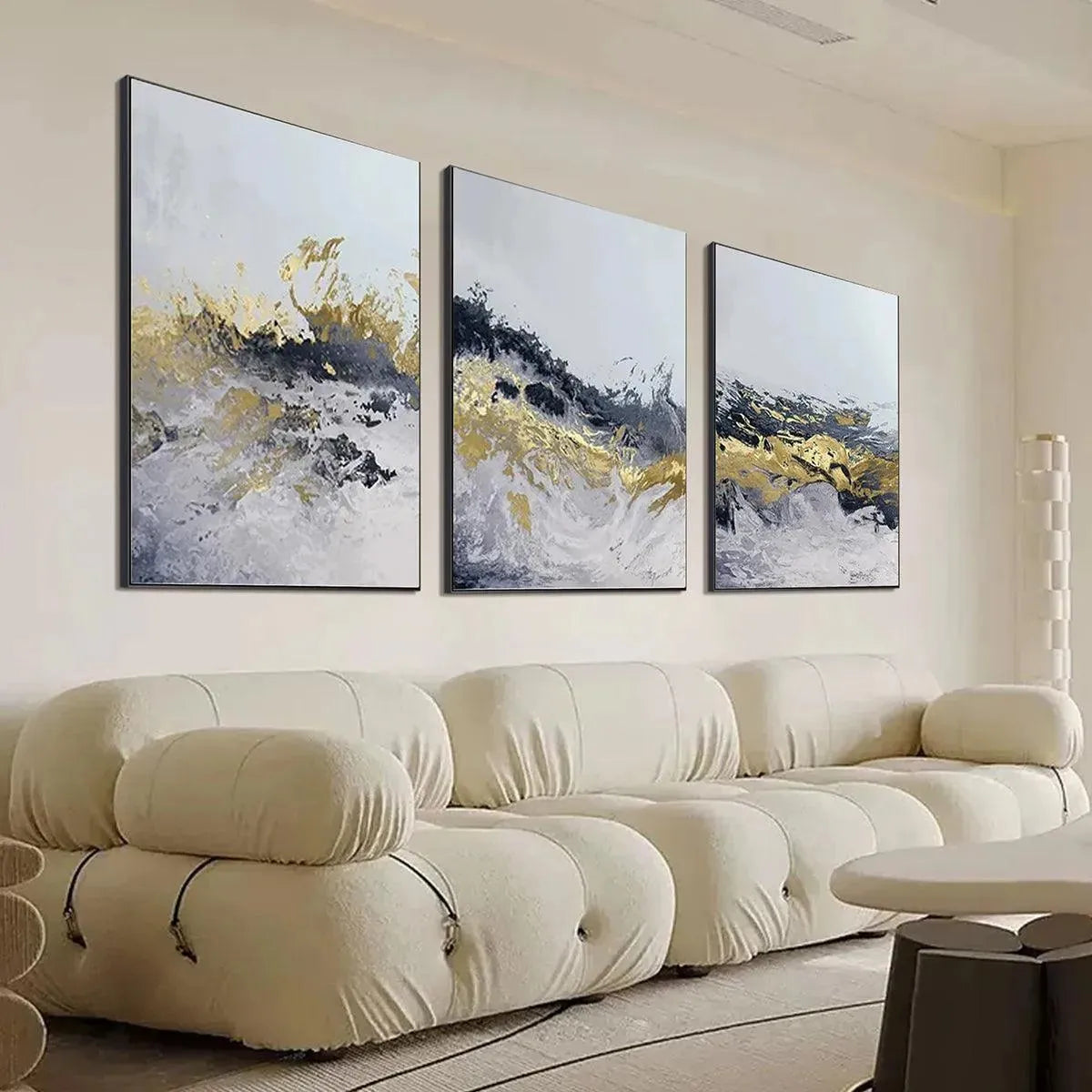 GOLD & GREY ABSTRACT TRIPTYCH: Abstract Painting Set of 3, Vertical Wall Art - Image 6