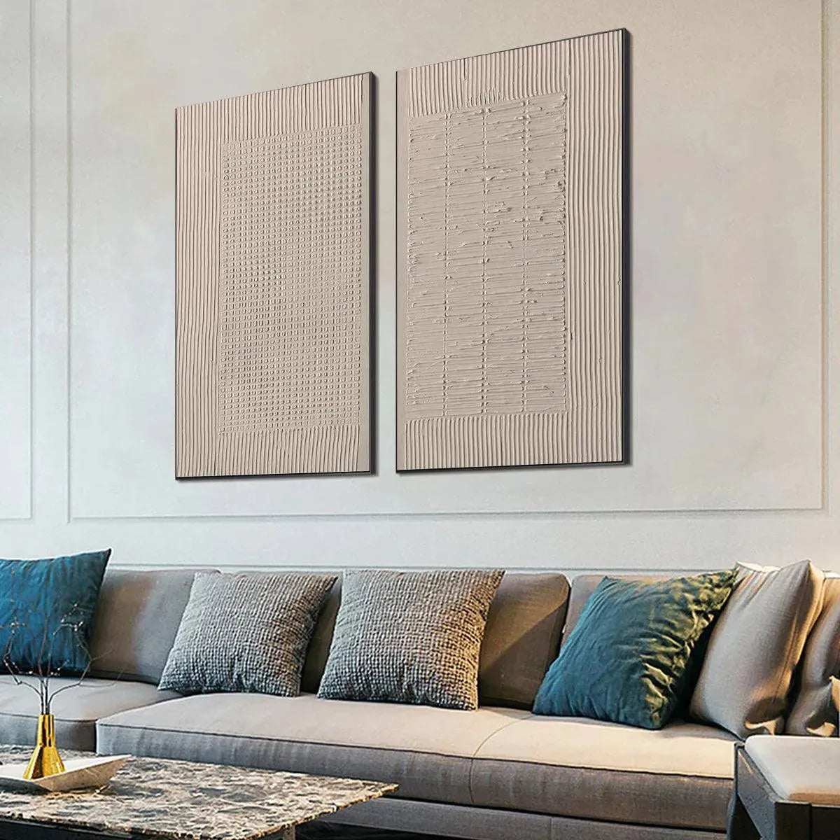 TEXTURED GRID DUO: Set of 2 Textured Abstract Paintings in Beige - Image 6