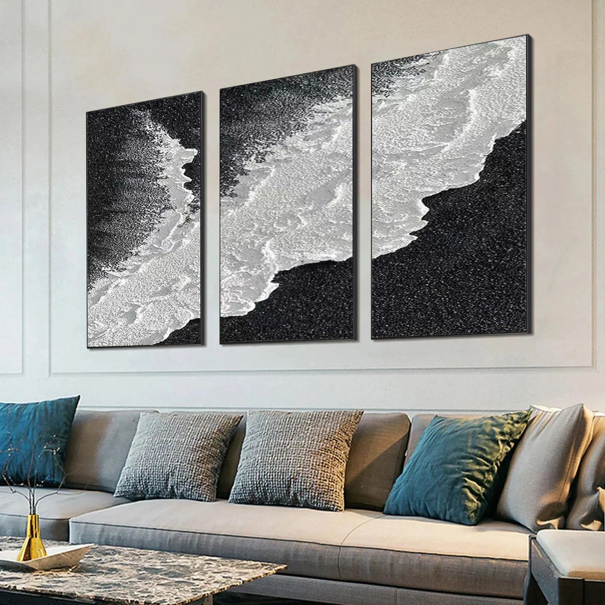 BLACK & WHITE OCEAN TRIPTYCH: Abstract Ocean Painting Set of 3, Vertical Wall Art - Image 5