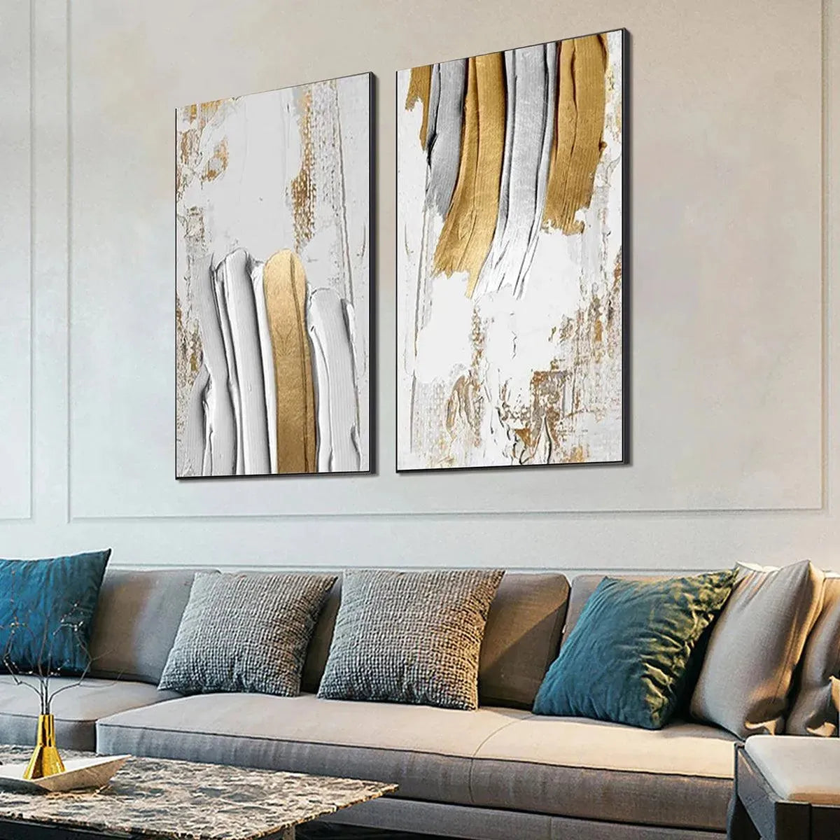 GOLDEN LINES DIPTYCH: Textured Abstract Painting Set of 2, Vertical Wall Art - Image 6