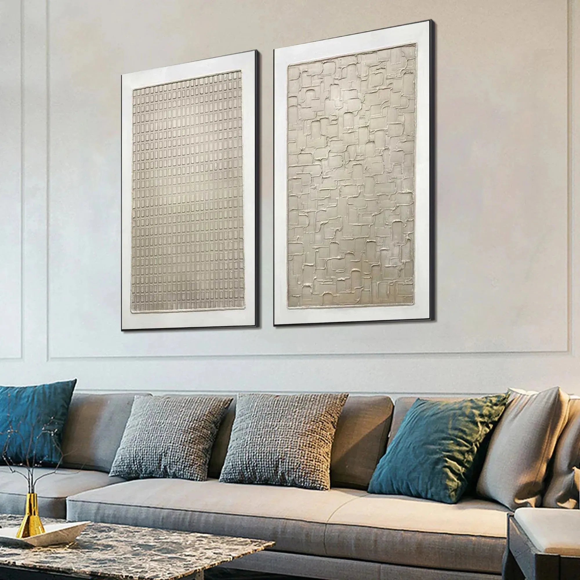 TEXTURED BEIGE GRID SET: Minimalist Textured Painting Set of 2 - Image 5