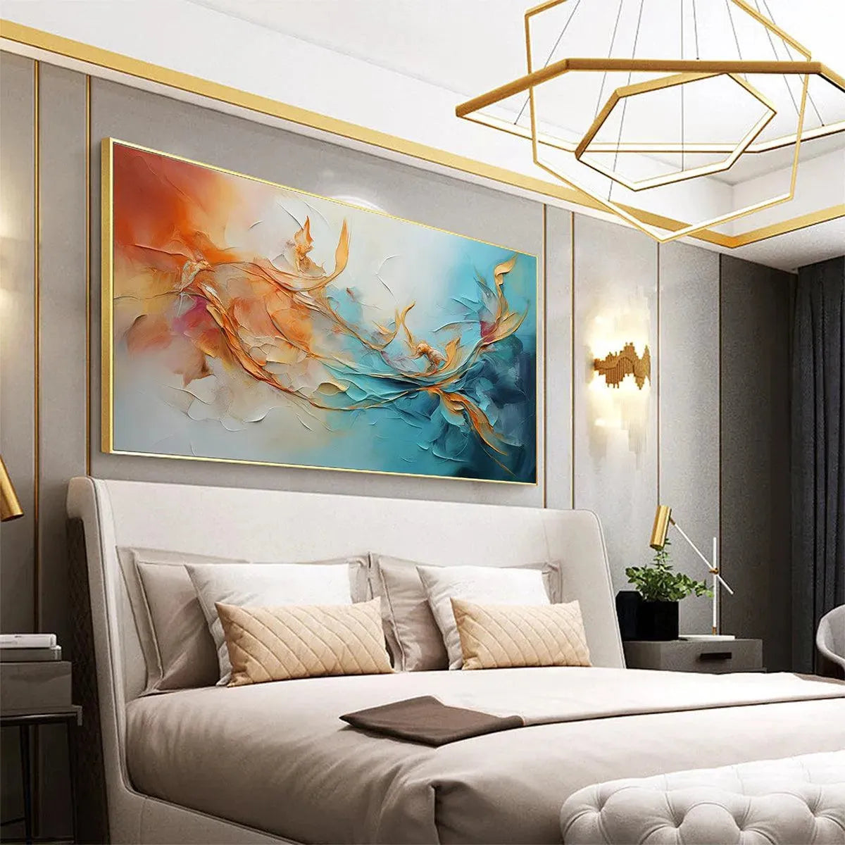 GOLDEN CURRENTS: Panoramic Abstract Teal and Gold Oil Painting - Image 5