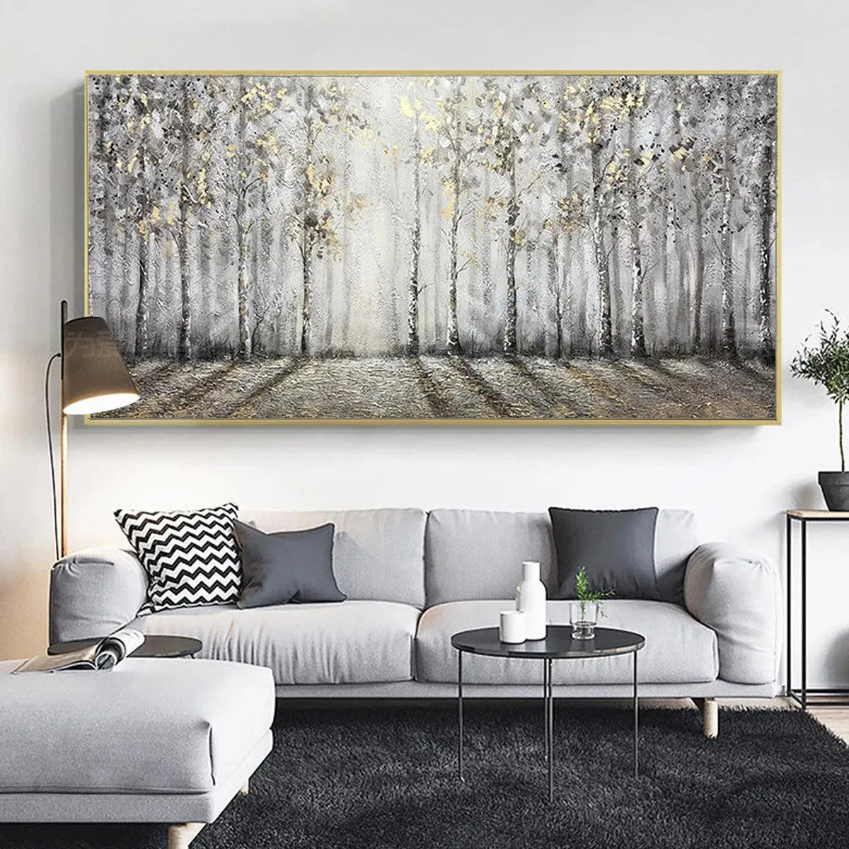 GOLDEN BIRCHWOOD: Panoramic Birch Forest Landscape Oil Painting with Gold Accents - Image 5