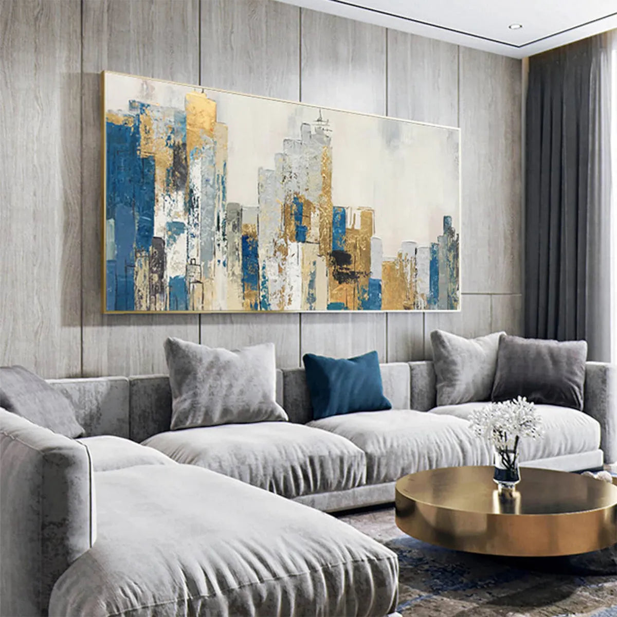 GOLDEN METROPOLIS: Abstract Cityscape Oil Painting in Gold and Blue - Image 5
