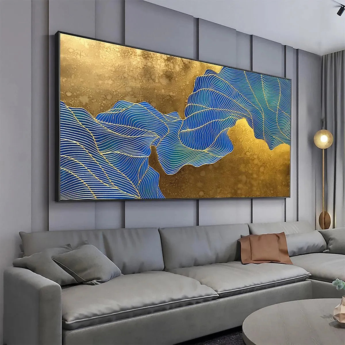 GOLDEN FLOW: Abstract Blue and Gold Oil Painting - Image 4